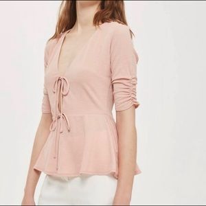 Topshop Tie Front Deep V Peplum Rouched Blouse